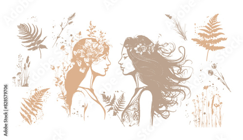Vector set of line drawings of decorated women's heads with flowers, plants and leaves. Detailed trendy design for natural products, wall art, social media, prints, invitations and branding design.