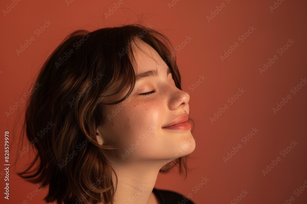 A close up of a woman's face with her eyes closed looking to a side