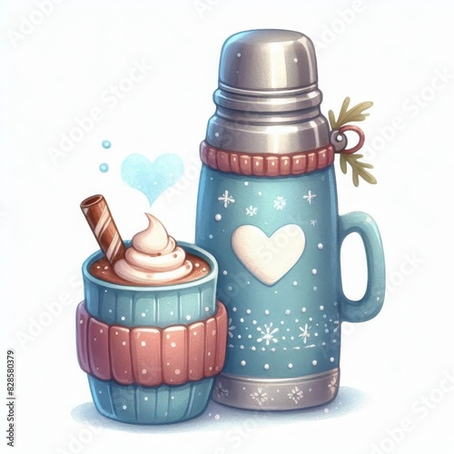 A blue thermos with a heart on it and a cup of hot chocolate