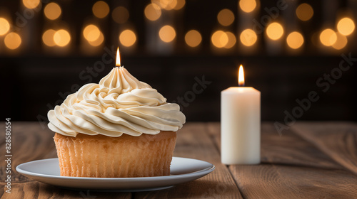 Cupcake on Plate With Lit Candle photo