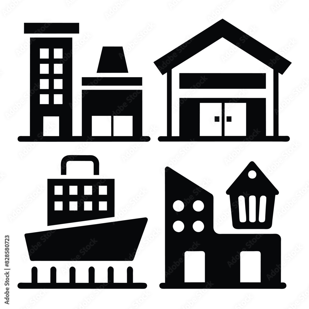 Set of Shopping mall building vector icon black vector on white background