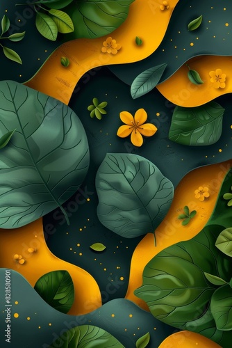 Green and Yellow Background With Leaves and Flowers