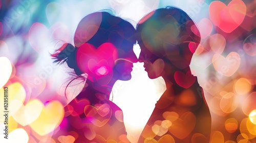 Romantic silhouette of couple with bokeh heart shapes, colorful dreamy background depicting love and intimacy.