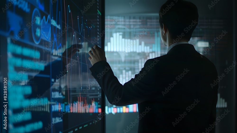 Businessman presenting financial data on a digital screen, analyzing graphs and charts to make informed decisions in a high-tech office environment. Businessman presenting financial data on a digital screen, analyzing graphs and charts to make informed decisions in a high-tech office environment.