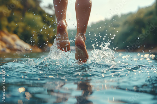 Close-up of feet jumping into water on a sunny day, evoking feelings of joy and freedom photo