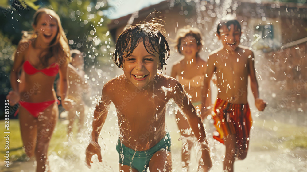 Obraz premium Joyful kids running through backyard sprinklers on a sunny summer day