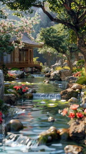 A beautiful Chinese garden with a pond  trees  and flowers.