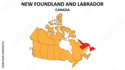 New Foundland and Labrador Map is highlighted on the Canada map with detailed state and region outlines. photo