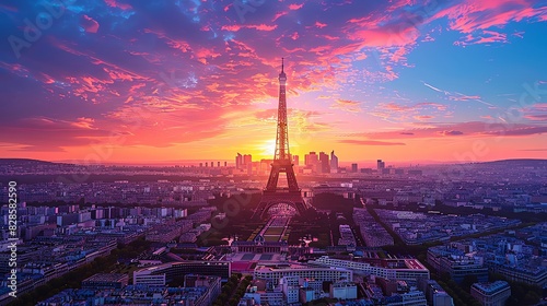 Paris 2024 Summer Olympic Games stadium with the Eiffel Tower in the background, vibrant sunset lighting, cinematic atmosphere