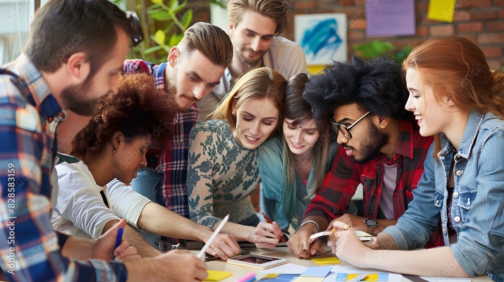 A diverse marketing team collaborates enthusiastically around a table, brainstorming ideas and new product concepts in a modern workspace. A diverse marketing team collaborates enthusiastically around a table, brainstorming ideas and new product concepts in a modern workspace.