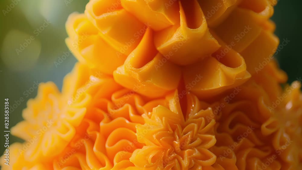 Mango and pineapple intricately carved into a layered tower creating a stunning and unique presentation.