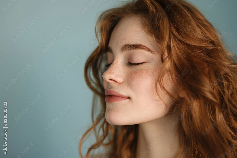 A close up of a woman's face with her eyes closed looking to a side A close up of a woman's face with her eyes closed looking to a side