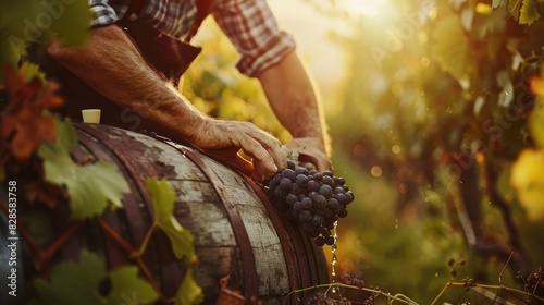 a man in a field of grapes and a wooden barrel. Selective focus
