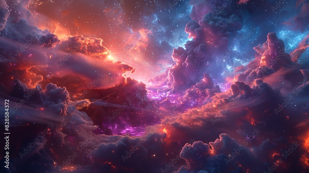Vivid cosmic nebula with vibrant colors, representing deep space, interstellar clouds, stars, and awe-inspiring galactic beauty. Vivid cosmic nebula with vibrant colors, representing deep space, interstellar clouds, stars, and awe-inspiring galactic beauty.