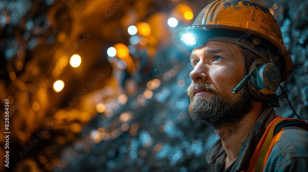 Miner at work, side profile of a miner with headlamp-equipped hard hat in an underground mining environment Miner at work, side profile of a miner with headlamp-equipped hard hat in an underground mining environment