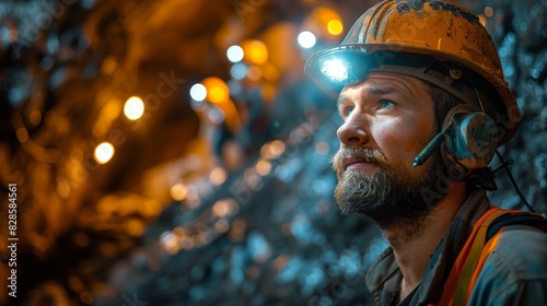 Miner at work, side profile of a miner with headlamp-equipped hard hat in an underground mining environment © asayenka