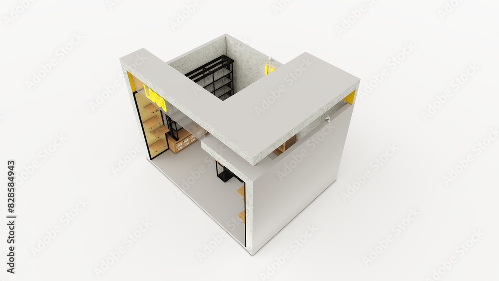 3D rendering booth 1 open side view top right 3D rendering booth 1 open side view top right