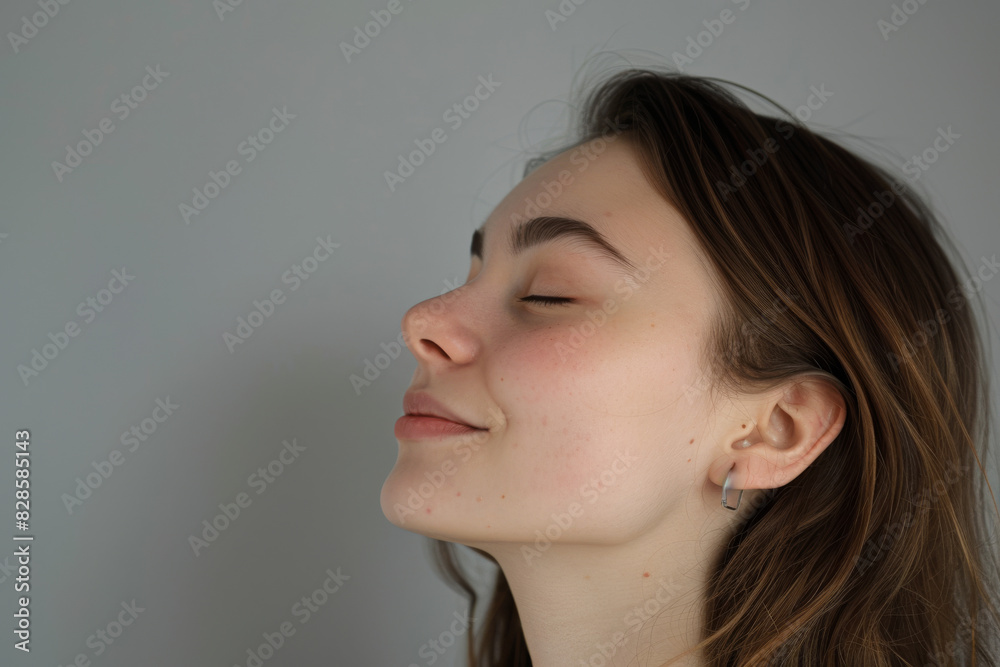 A close up of a woman's face with her eyes closed looking to a side A close up of a woman's face with her eyes closed looking to a side