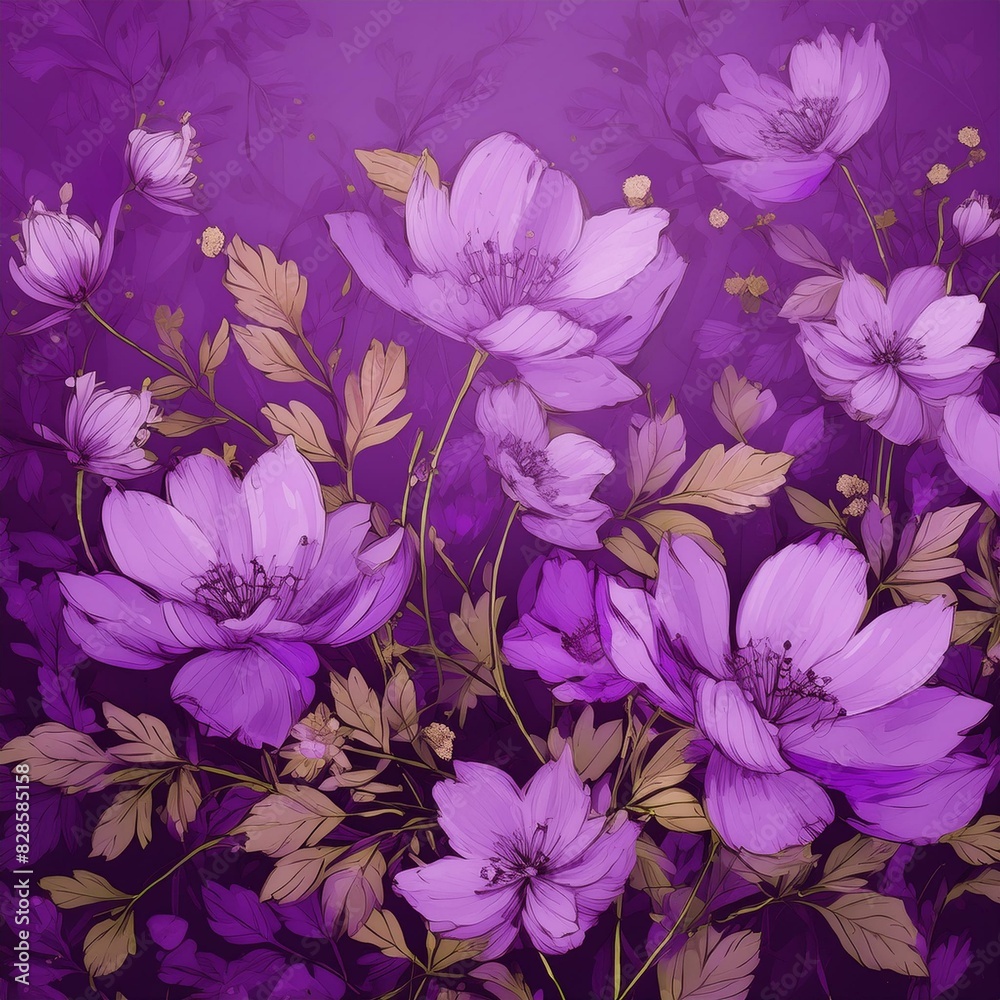 Flowers, plants and art illustration for wallpaper on purple background and backdrop for design of painting. Leaves, natural pattern and watercolor, abstract texture and graphic decoration of drawing Flowers, plants and art illustration for wallpaper on purple background and backdrop for design of painting. Leaves, natural pattern and watercolor, abstract texture and graphic decoration of drawing