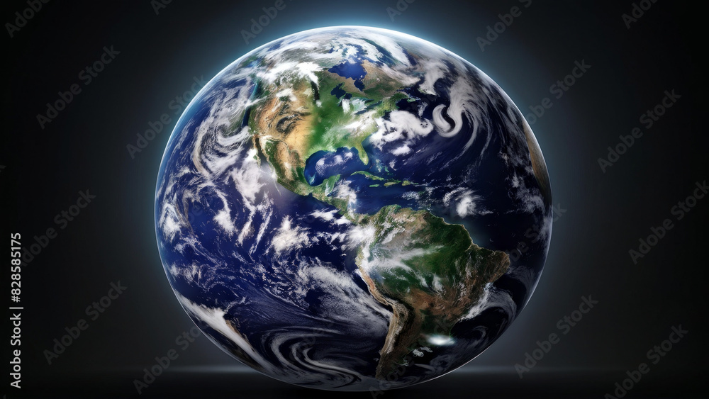 Earth, seen from space. It shows the oceans, continents, and cloud cover.