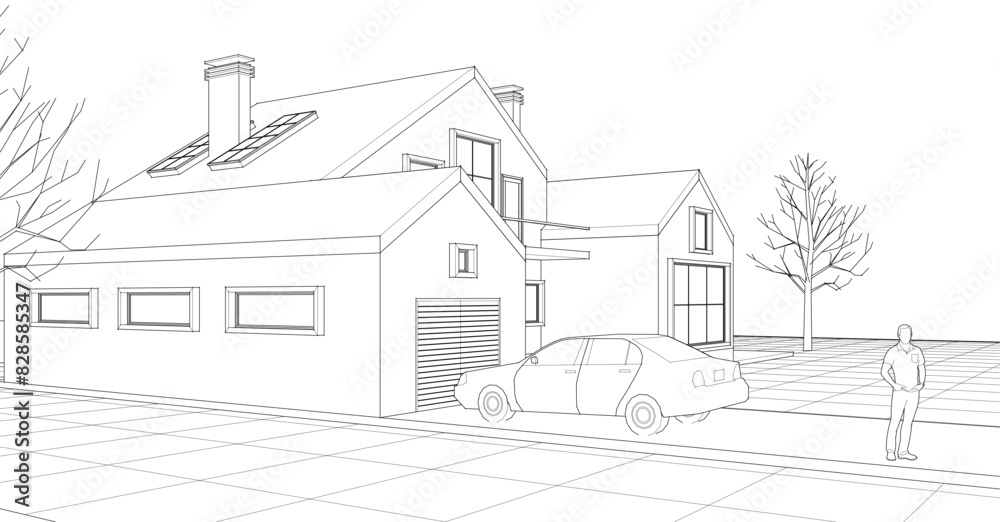 townhouse architectural sketch 3d illustration	
