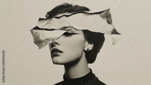 Collage of woman's portrait with a lot of pieces and fragments around her head. Blask and white, Abstrart, creative art, close up