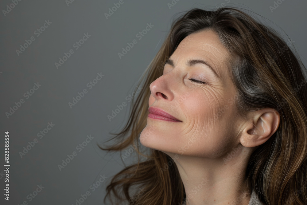 A close up of a woman's face with her eyes closed looking to a side A close up of a woman's face with her eyes closed looking to a side