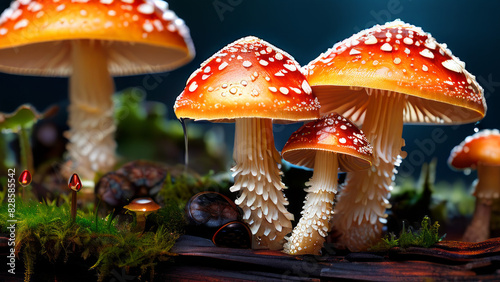 a group of red and white spotted mushrooms, probably Amanita muscaria, growing among green foliage. photo