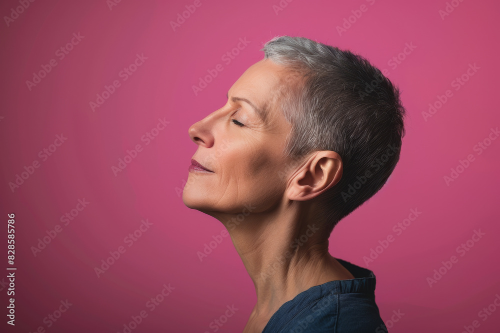 Fototapeta premium A close up of a woman's face with her eyes closed looking to a side