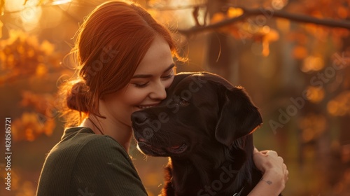 The woman hugging a dog photo