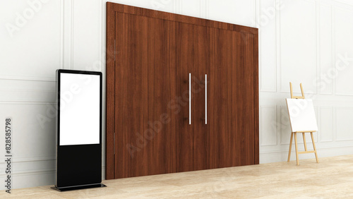 3D rendering of a Digital Standee or Digital Signage and easel stand near door mockup for Event, exhibition or promotional activities. HD mock-up of Digital standee  in hotel room.