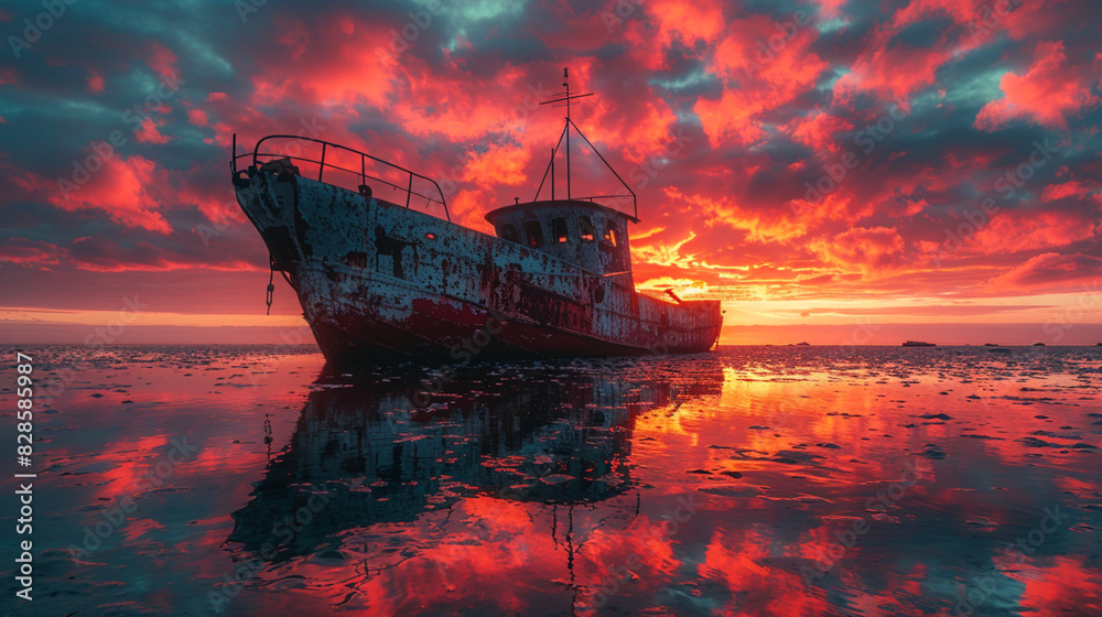 Fototapeta premium Silhouetted sailboat glides across an orange sky and glassy ocean at dusk