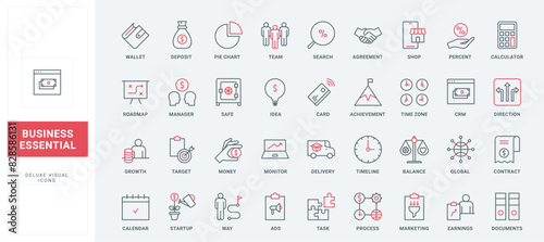 Business process, marketing tools, startup idea line icons set. Agreement and contract, bank deposit percentage, timeline and way to growth thin black and red outline symbols vector illustration