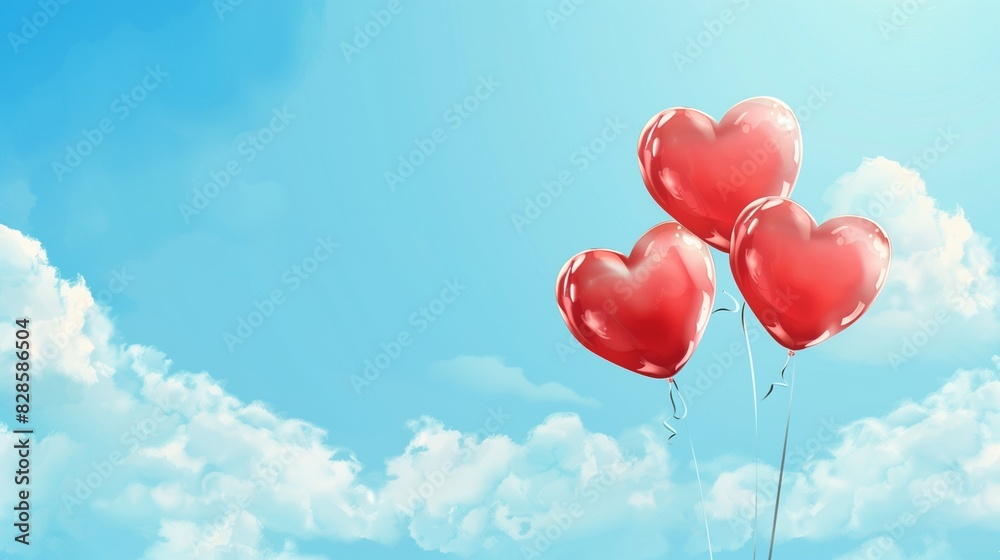 Background featuring whimsical heart-shaped balloons floating in a clear blue sky Background featuring whimsical heart-shaped balloons floating in a clear blue sky