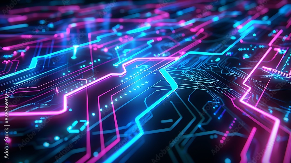 Obraz premium Glowing Neon Circuit Lines Overhead: Futuristic Technology Concept Illuminating the Digital Landscape with Vibrant Energy and Connectivity, Perfect for Tech Innovation Themes