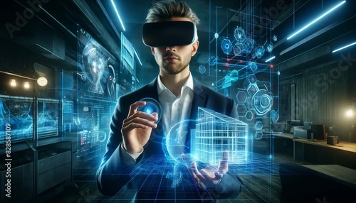Businessman wearing VR headset interacting with holographic architectural models in a high-tech office, showcasing virtual reality in business and futuristic technology applications. 
