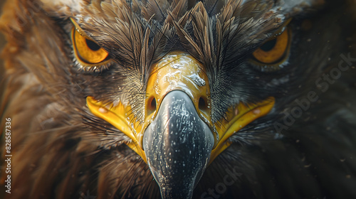 A close up of a bird of prey with a yellow eye  photo