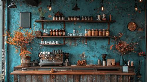 Interior of cozy coffee shop featuring blue wall and wooden shelves filled with various coffee-related items