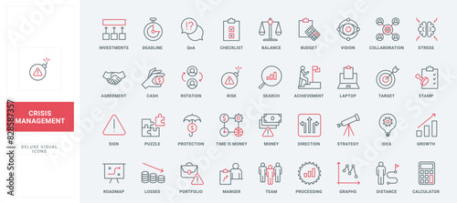 Crisis management line icons set. Time is money strategy, budget balance and collaboration of company teams for risk protection, agreements thin black and red outline symbols vector illustration © Iconic Prototype
