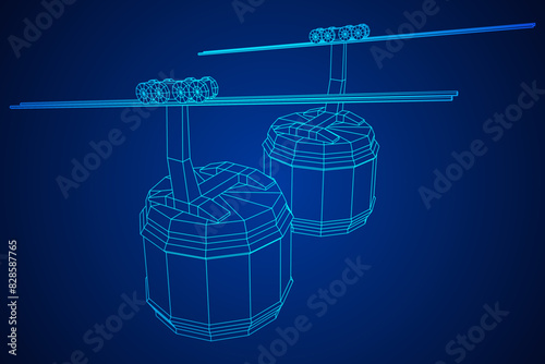 Cable car cabin gondola. Funicular simple cableway concept. Wireframe low poly mesh vector illustration