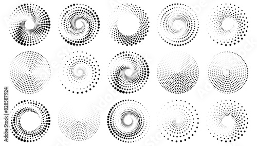 Halftone round elements, twisters, halftone circular textures with dots, circle halftone tornado