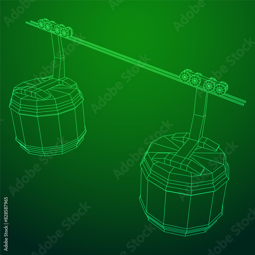 Cable car cabin gondola. Funicular simple cableway concept. Wireframe low poly mesh vector illustration