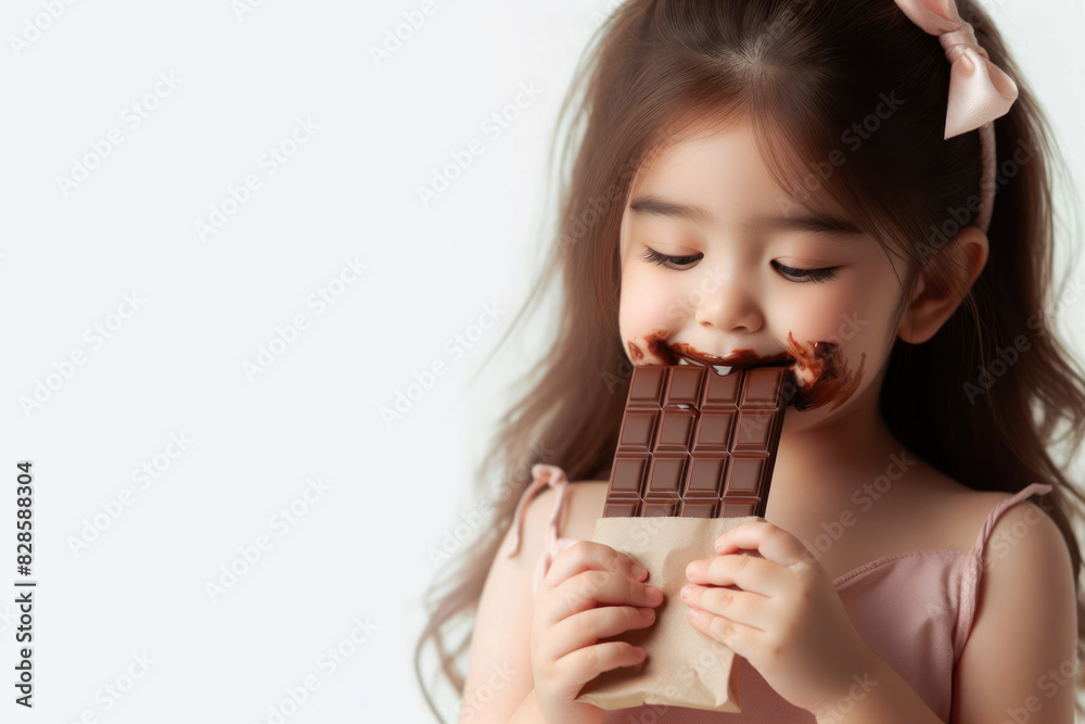 Cute child eat chocolate with melted on face on isolated white background Cute child eat chocolate with melted on face on isolated white background