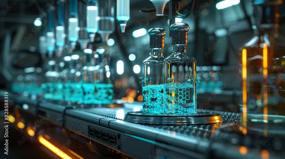 High-tech laboratory with futuristic equipment shows glass containers on an automated production line. Scientific research in progress.