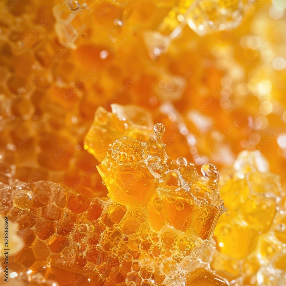 close-up of honey in honeycombs. Selective focus