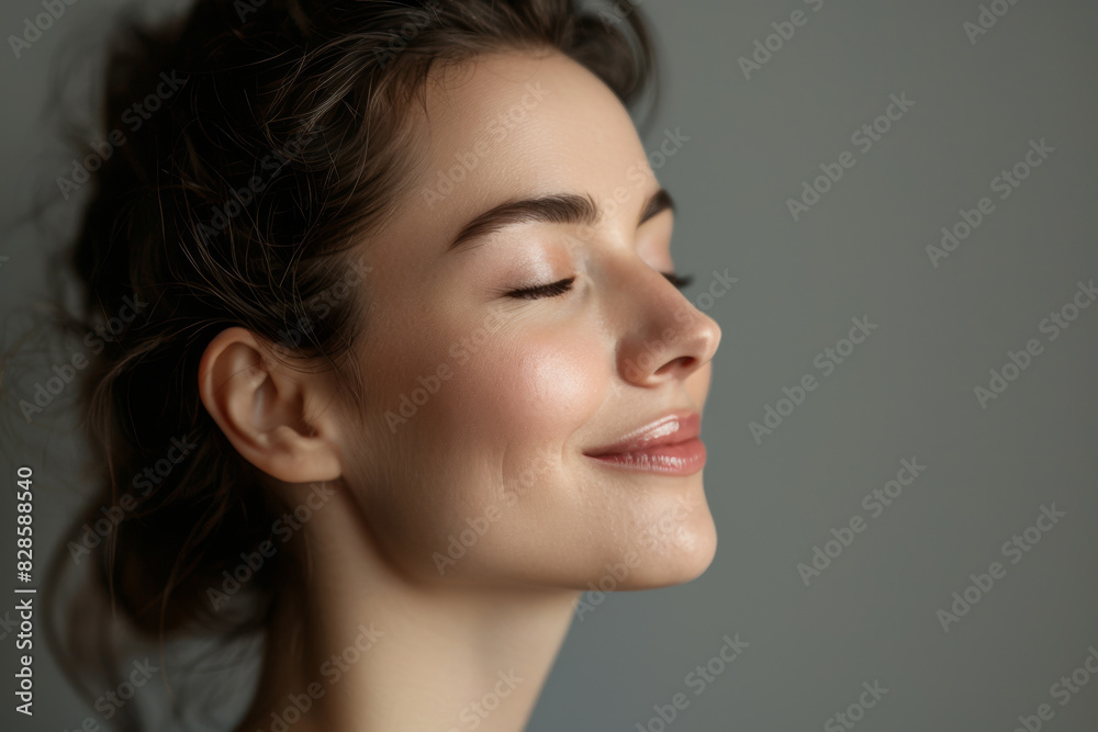 A close up of a woman's face with her eyes closed looking to a side A close up of a woman's face with her eyes closed looking to a side