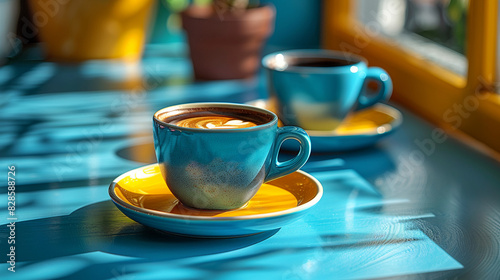 Two blue cups of coffee are placed on blue table