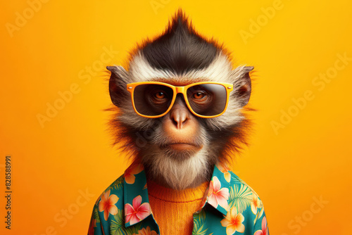 monkey portrait wear sun glasses and hawaii T short Isolated on yellow background photo