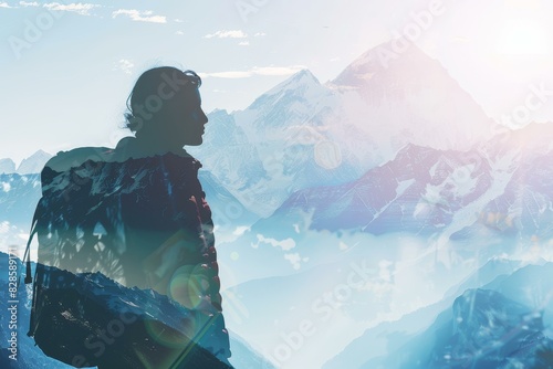 Experience the thrill of backpacking in the Himalayas with stunning double exposure silhouette vistas. Close-up shot captures the majestic peaks in a 3:2 frame, offering ample copy space for text. photo