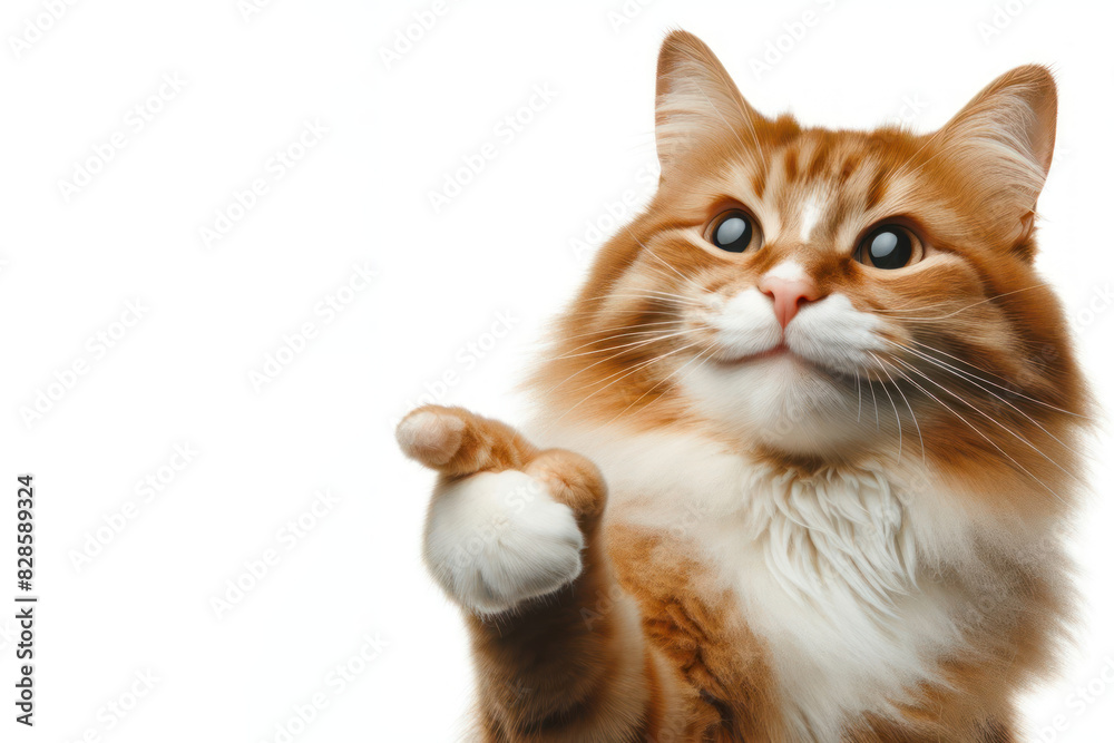Smiling funny cat pointing away portrait Isolated on white background Smiling funny cat pointing away portrait Isolated on white background
